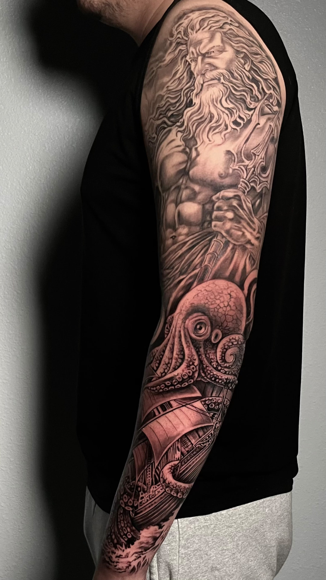 Black and grey Poseidon and kraken sleeve by Joey