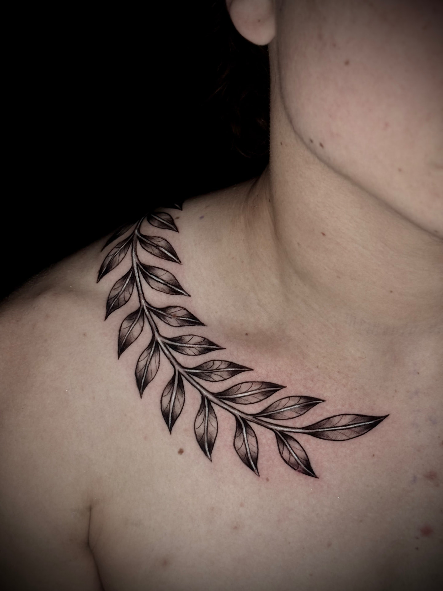 Leaf branch shoulder tattoo by Karen