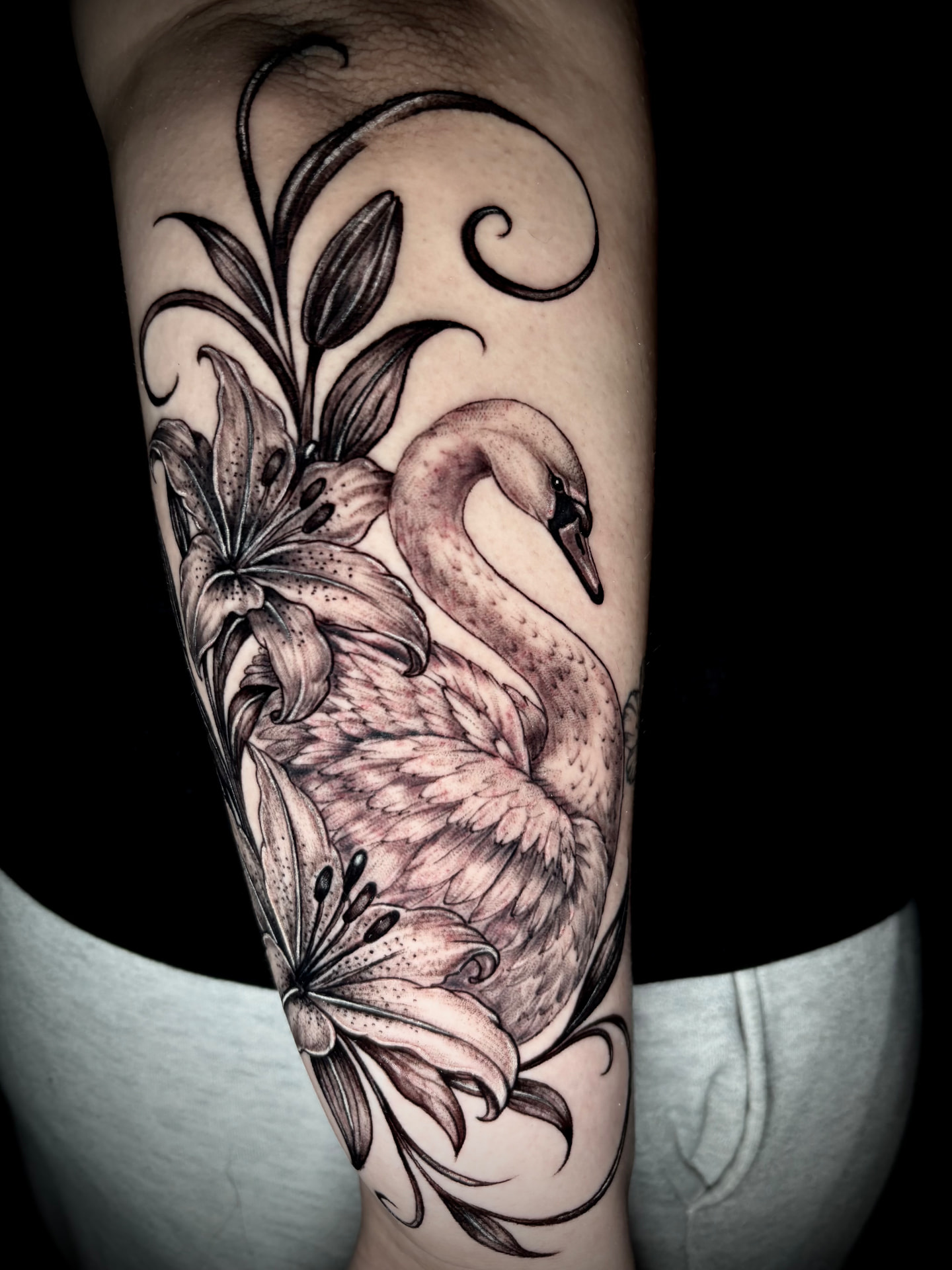 Black and grey swan and lilies tattoo by Amethyst