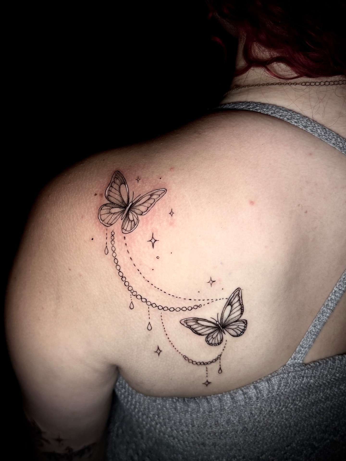 Butterflies and beaded ornament shoulder tattoo by Karen