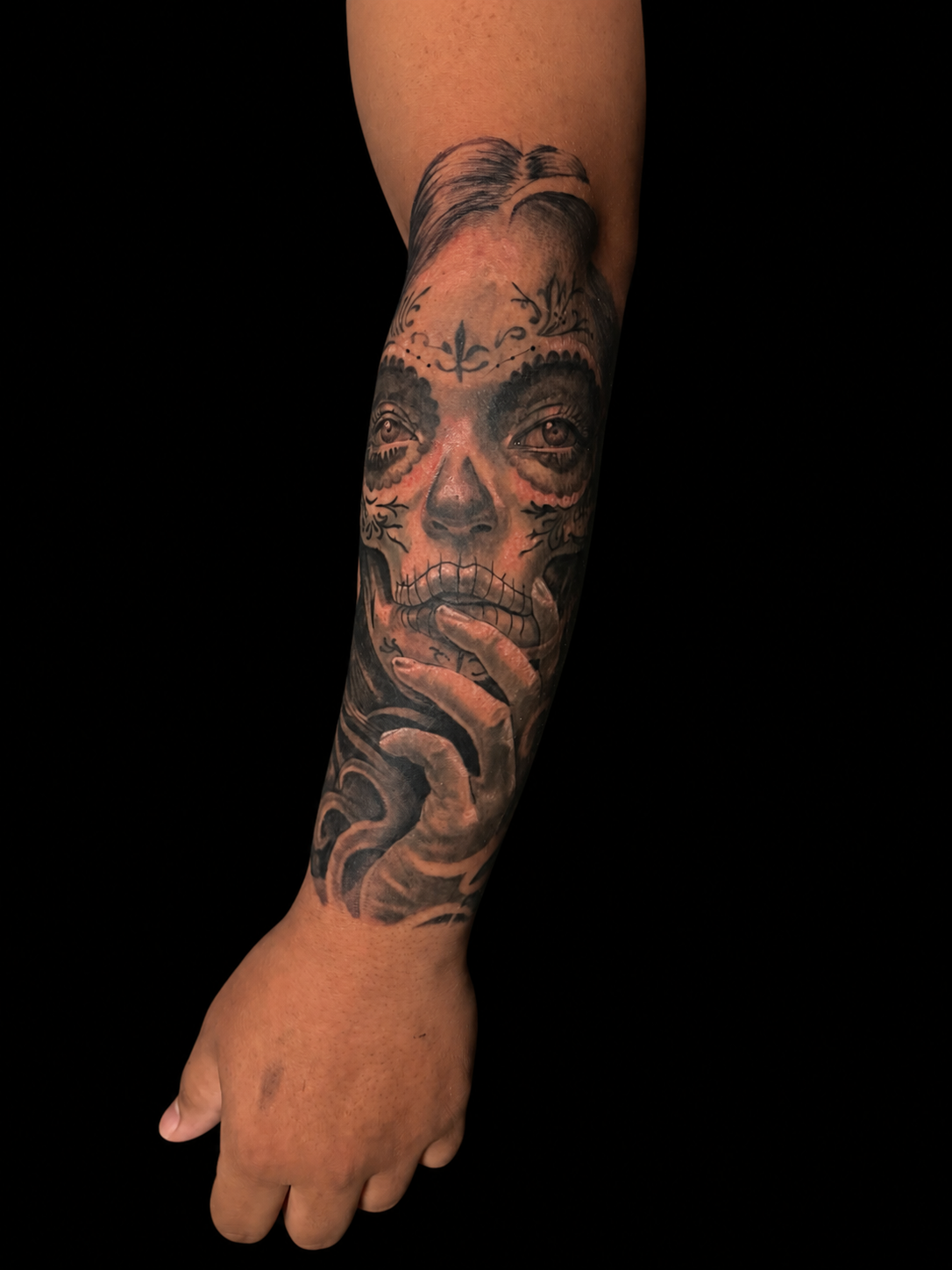 Black and grey sugar skull tattoo by Dave